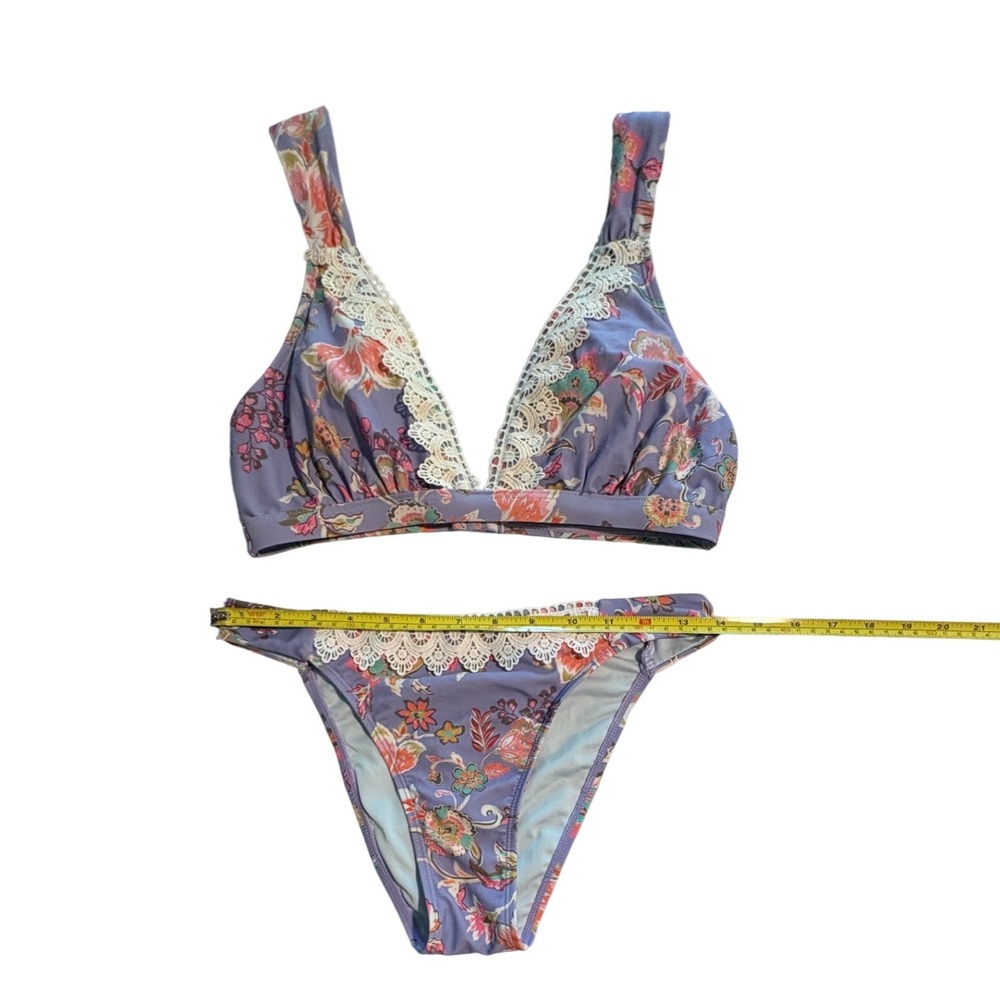 Purple Floral Paisley Crochet Lace Trim Two Piece Bikini Set Boho Swimwear Sz M - Picture 2 of 6